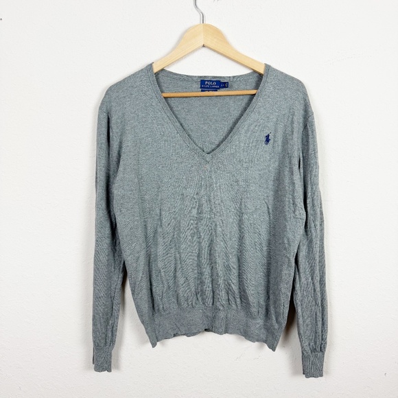 Polo Ralph Lauren Gray V Neck Long Sleeve Pima Cotton Sweater Size Large - Picture 1 of 5